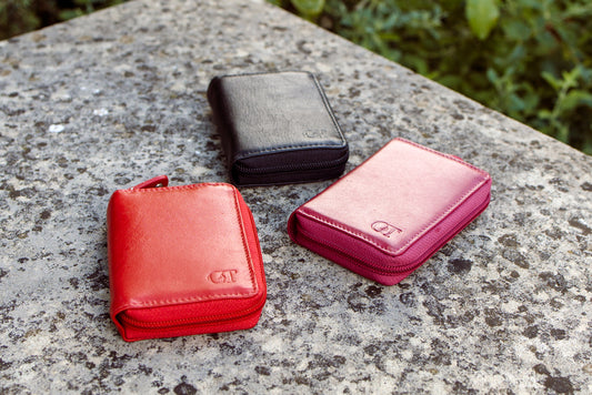 Trifold Leather Wallet. Red Hide Greek Key Multiple Credit 